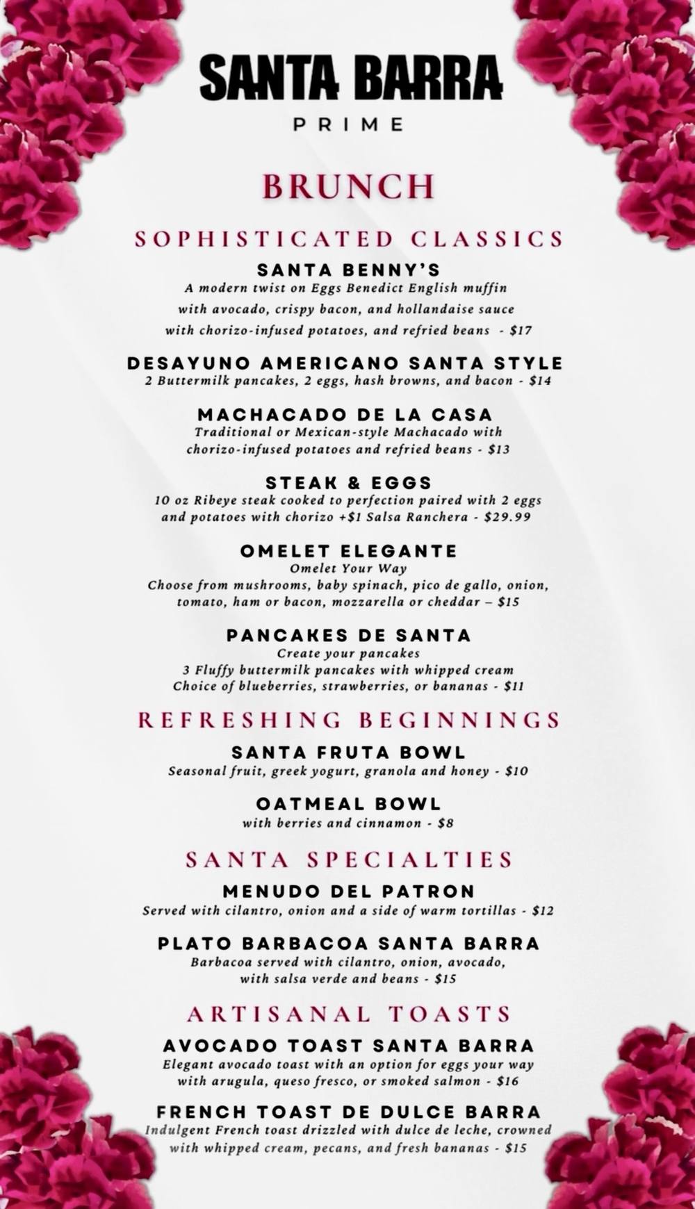 Menú de brunch de Santa Barra, página 1 de 2